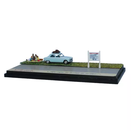 Peugeot 204 azul pastel, baca, 2 maletas, escena picnic y pared Michelin N10 - Sai 1995 - HO 1/87