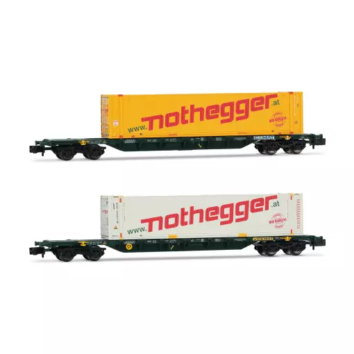 Conjunto de 2 vagones portacontenedores cargados "Nothegger" - Arnold HN6657 - N 1/160 - Privado - EP V-VI