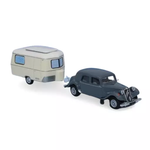 Citroën Traction 11B 1952 heidegrijs met Eriba ivoorkleurige caravan - SAI 6109 - HO 1/87