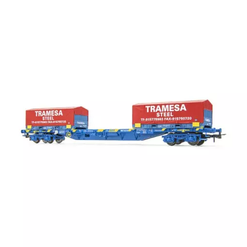 Platte containerwagen MMC3, beladen met 2 x 20' rolcontainers "TRAMESA", blauwe kleurstelling - Electrotren HE6064 - HO 1/87 - RENFE - Ep VI - 2R