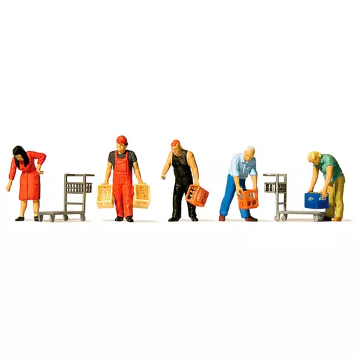 Set di 5 figure che trasportano casse di bottiglie - PREISER 10656 - HO 1/87